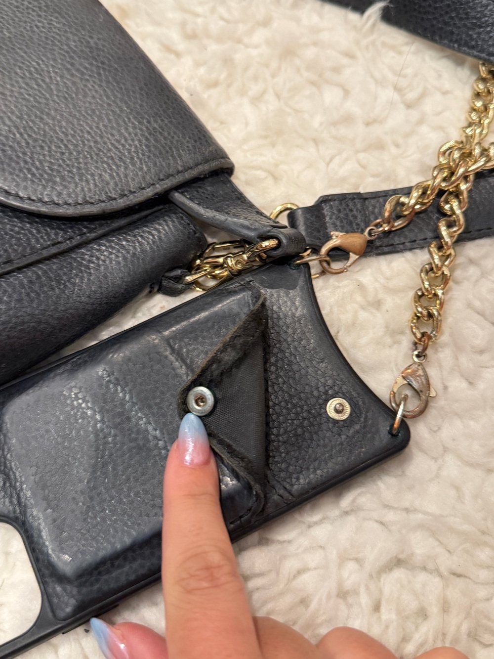 Bandolier Black Pebbled Leather Crossbody and Phone Case with Gold Chain - Picture 7 of 12